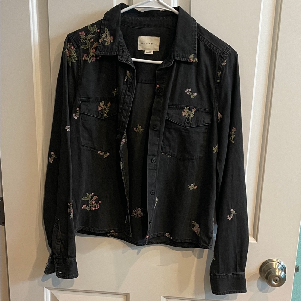 American Eagle Outfitters Dark Denim Jacket with Floral Details